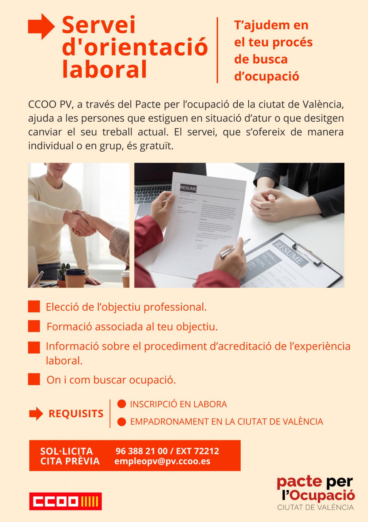 Aquest servei d'orientació professional està emmarcat en les actuacions que CCOO PV té programades dins del VIIé Pacte per l'ocupació a la ciutat de València.