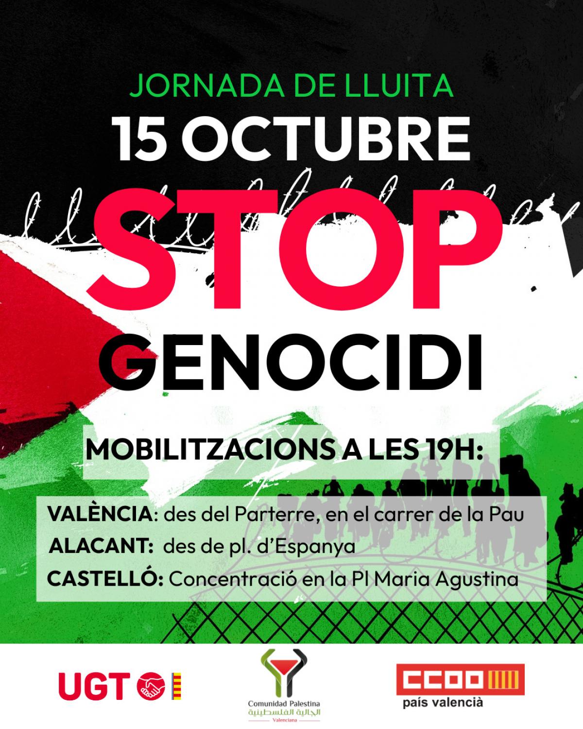Mobilitzacions al País Valencià en la jornada de lluita contra el genocidi a Palestina.